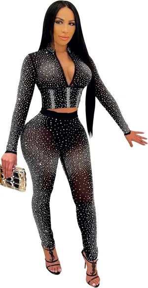 Womens Sexy 2 Pieces Mesh Rhinestone Crop Tops Shirts Bodycon Pants Party Clubwear Tracksuit Outfits Set