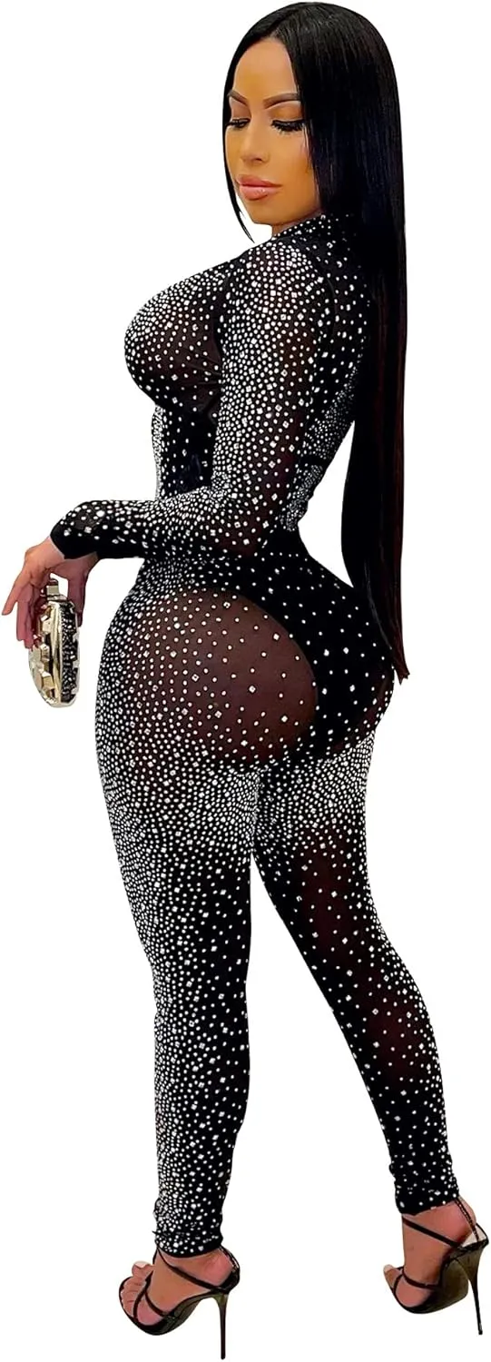 Womens Sexy 2 Pieces Mesh Rhinestone Crop Tops Shirts Bodycon Pants Party Clubwear Tracksuit Outfits Set