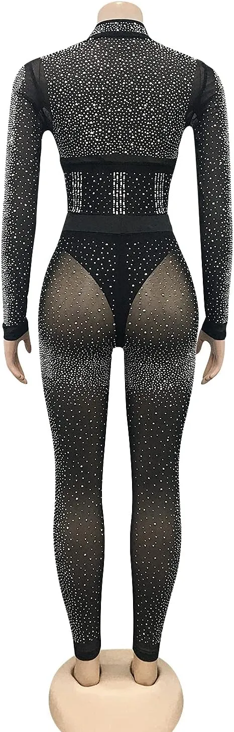 Womens Sexy 2 Pieces Mesh Rhinestone Crop Tops Shirts Bodycon Pants Party Clubwear Tracksuit Outfits Set