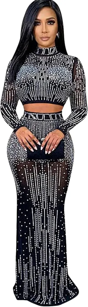 Womens Sexy 2 Pieces Mesh Rhinestone Crop Tops Shirts Bodycon Pants Party Clubwear Tracksuit Outfits Set