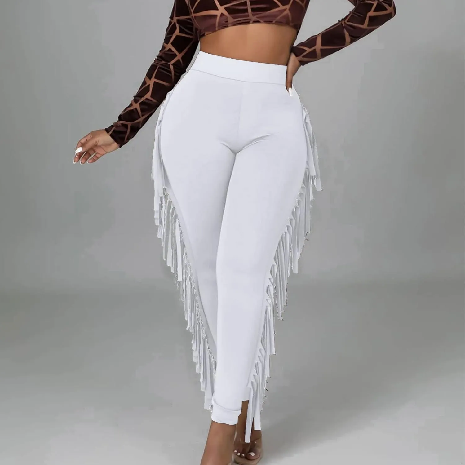 Womens Sexy Curvy Pants Fringed High Waist Skinny Slim Fit Trousers Tight Pants Trendy Casual Solid Long Trousers