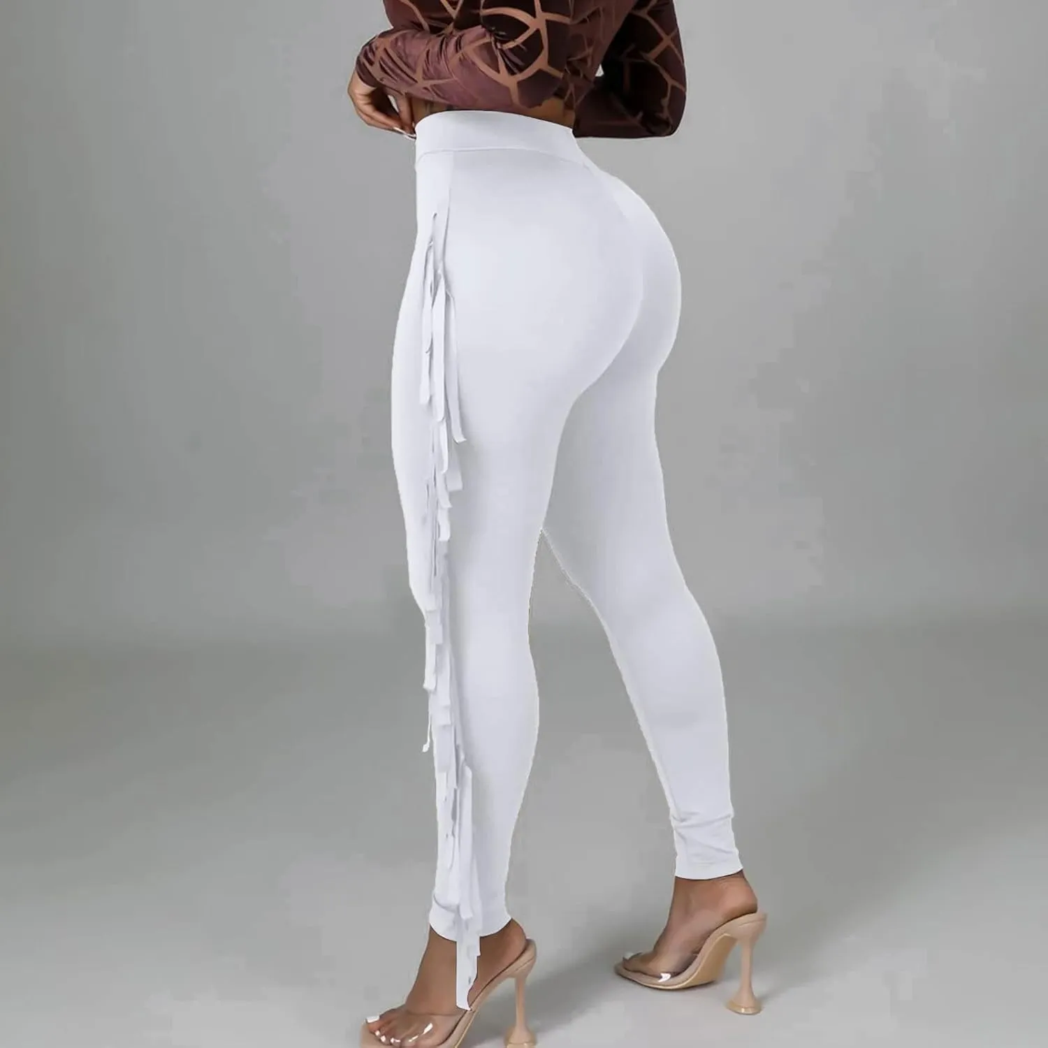 Womens Sexy Curvy Pants Fringed High Waist Skinny Slim Fit Trousers Tight Pants Trendy Casual Solid Long Trousers