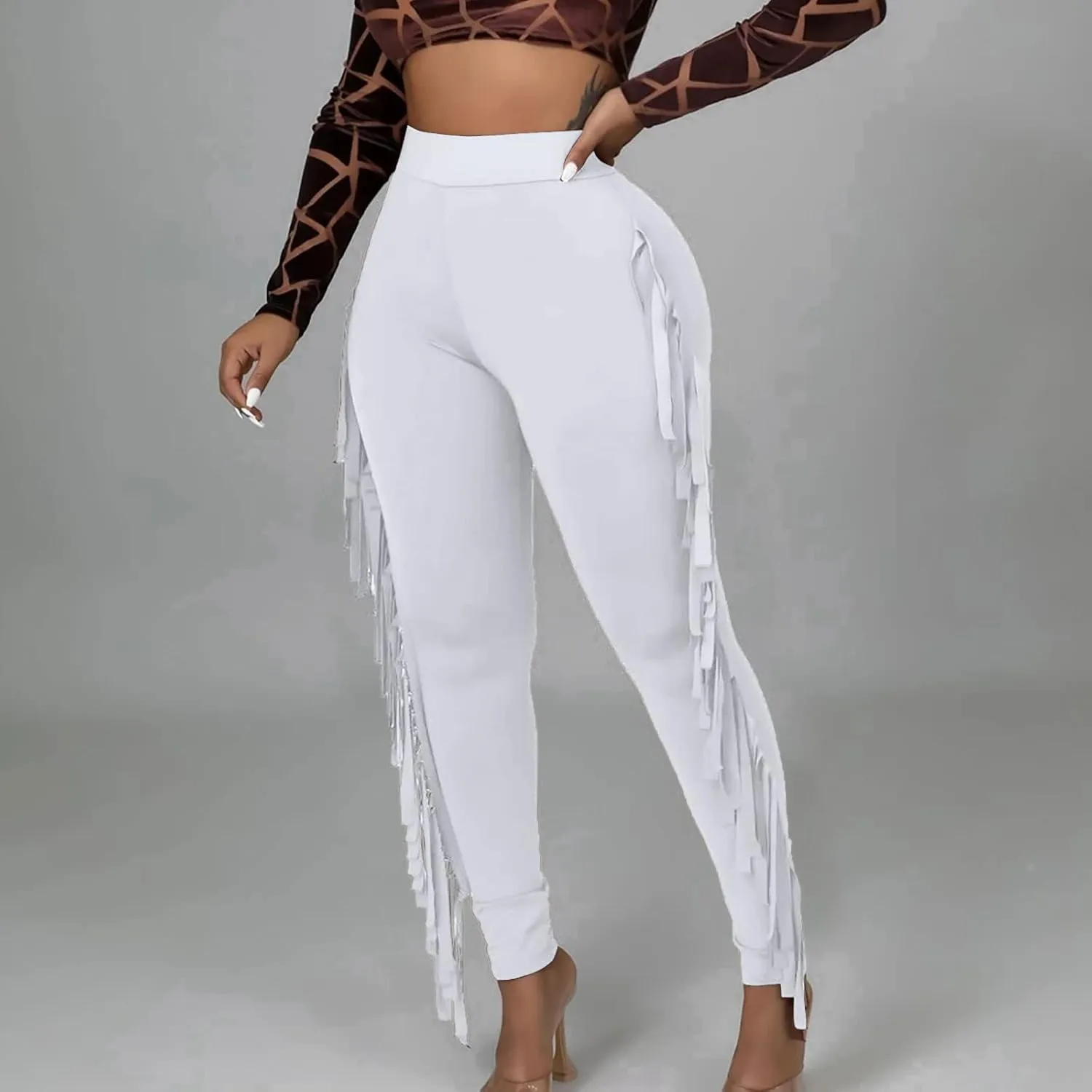 Womens Sexy Curvy Pants Fringed High Waist Skinny Slim Fit Trousers Tight Pants Trendy Casual Solid Long Trousers