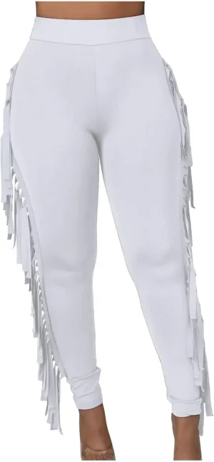 Womens Sexy Curvy Pants Fringed High Waist Skinny Slim Fit Trousers Tight Pants Trendy Casual Solid Long Trousers