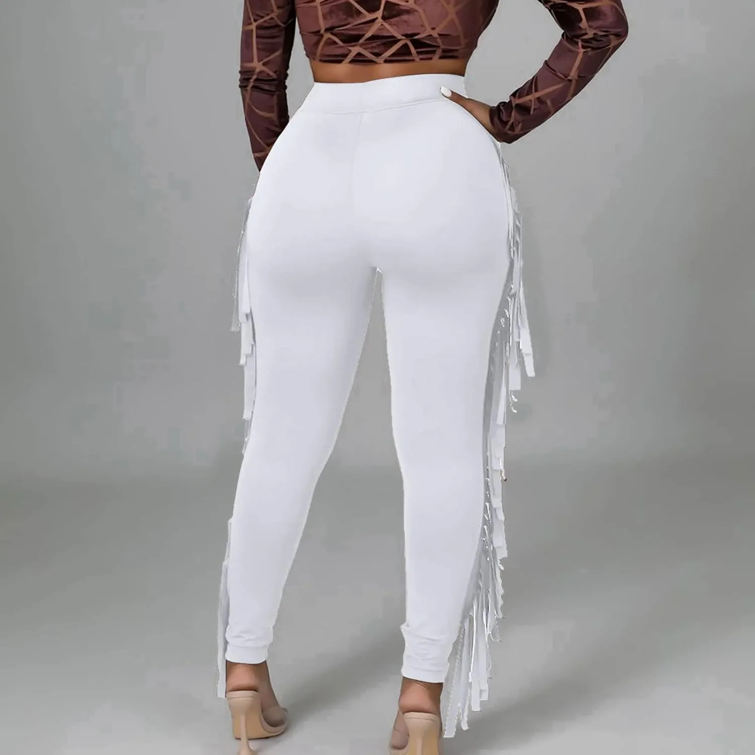 Womens Sexy Curvy Pants Fringed High Waist Skinny Slim Fit Trousers Tight Pants Trendy Casual Solid Long Trousers
