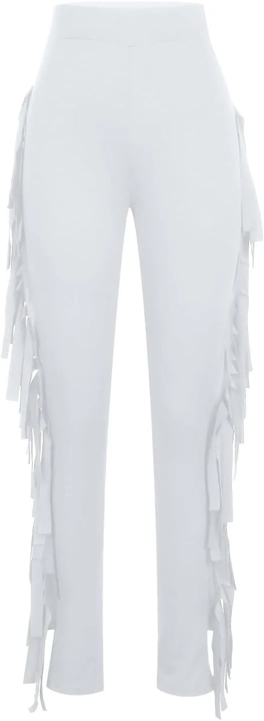 Womens Sexy Curvy Pants Fringed High Waist Skinny Slim Fit Trousers Tight Pants Trendy Casual Solid Long Trousers