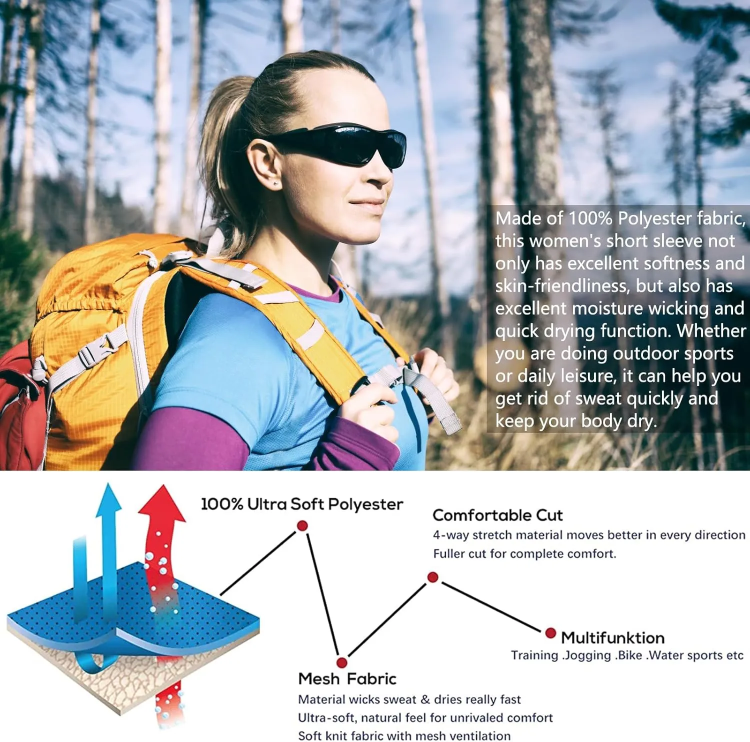 Women's Short Sleeve Shirts Quick Dry T-Shrit UV Sun Protection Outdoor Running Hiking Workout Tops