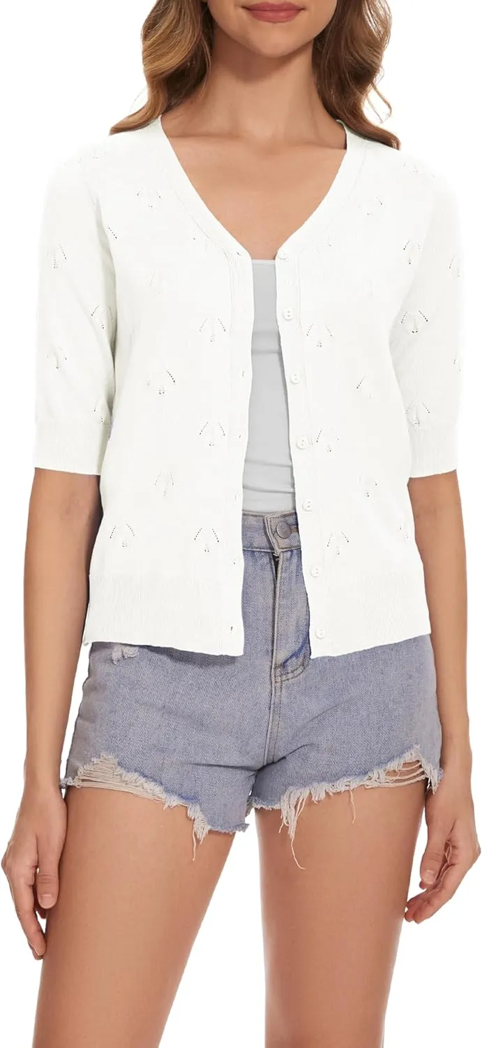 Women's Short Sleeve V Neck Shrugs Button Down Knit Cropped Cardigan Sweater Tops