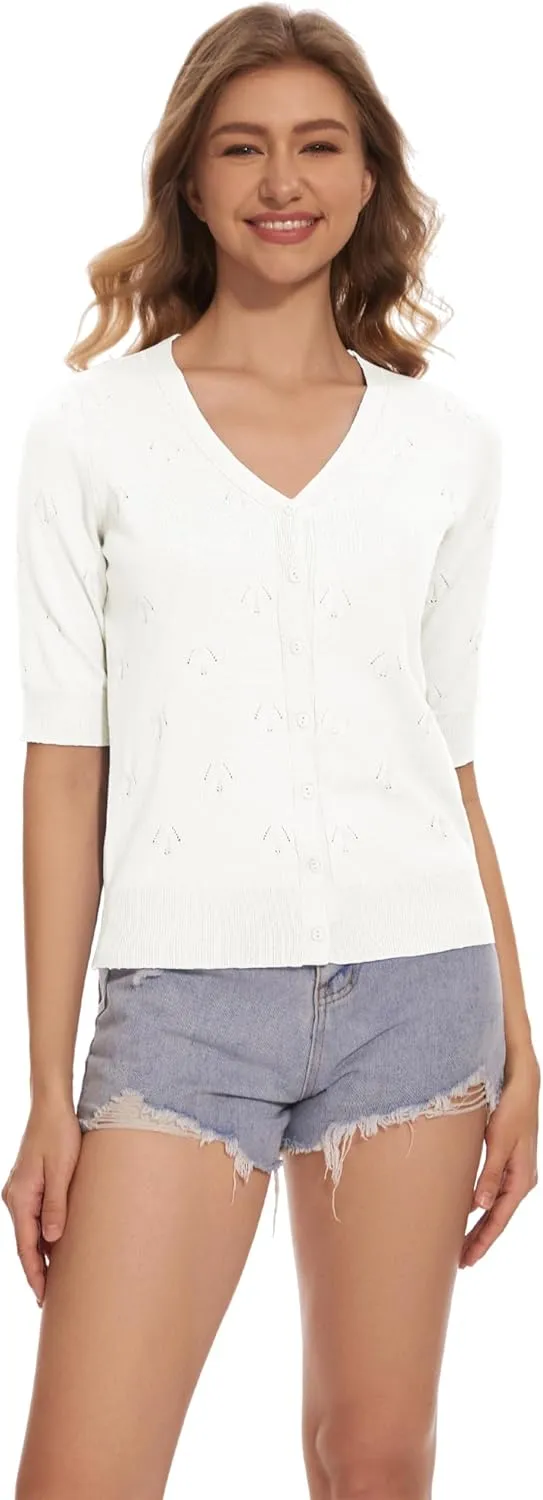 Women's Short Sleeve V Neck Shrugs Button Down Knit Cropped Cardigan Sweater Tops