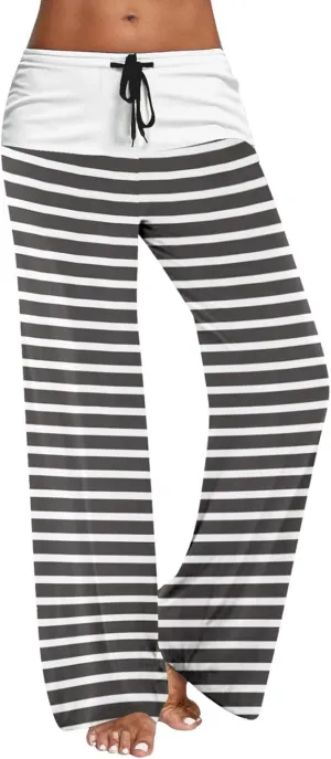 Women's Straight Wide Leg Trousers Elastic Drawstring High Waist Palazzo Pants Striped Print Lounge Pants Trousers