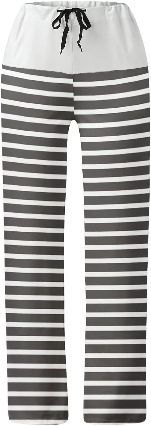 Women's Straight Wide Leg Trousers Elastic Drawstring High Waist Palazzo Pants Striped Print Lounge Pants Trousers