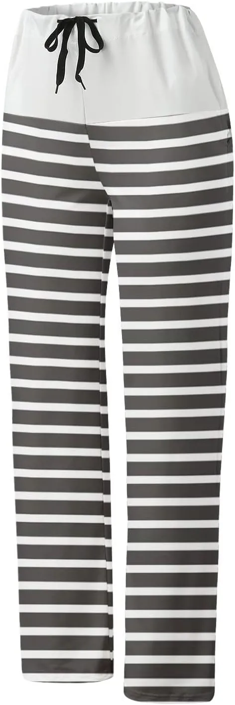 Women's Straight Wide Leg Trousers Elastic Drawstring High Waist Palazzo Pants Striped Print Lounge Pants Trousers