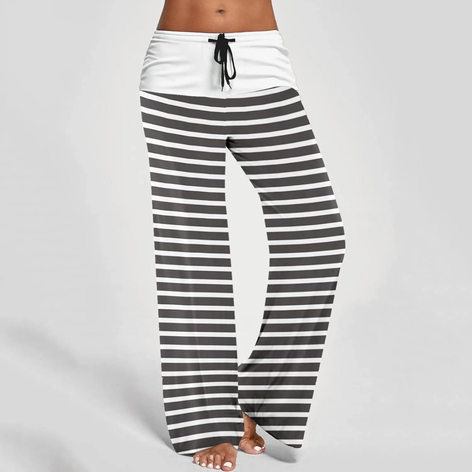 Women's Straight Wide Leg Trousers Elastic Drawstring High Waist Palazzo Pants Striped Print Lounge Pants Trousers