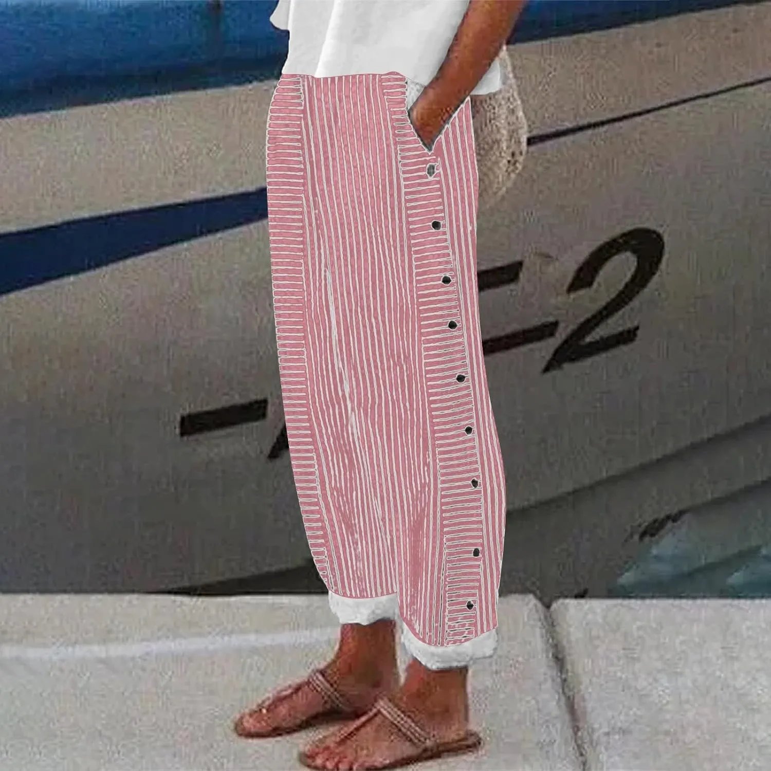 Womens Striped Linen Pants Cropped Side Bottom Trim Elastic Waist Capris Lightweight Summer Beach Trouser with Pocket