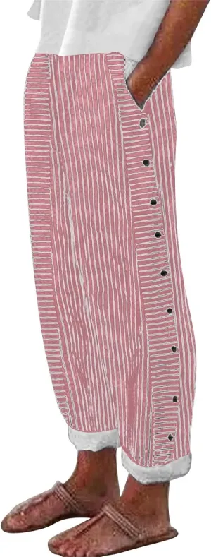 Womens Striped Linen Pants Cropped Side Bottom Trim Elastic Waist Capris Lightweight Summer Beach Trouser with Pocket