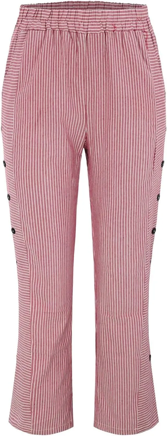 Womens Striped Linen Pants Cropped Side Bottom Trim Elastic Waist Capris Lightweight Summer Beach Trouser with Pocket