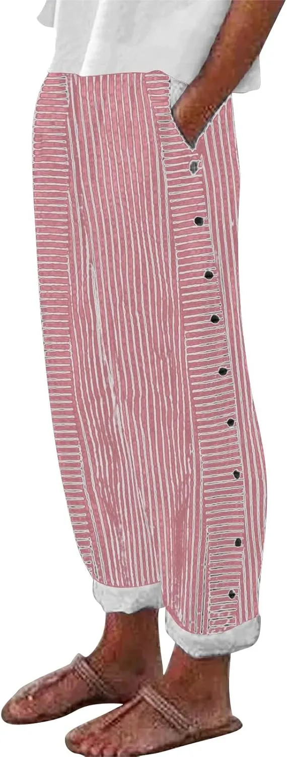 Womens Striped Linen Pants Cropped Side Bottom Trim Elastic Waist Capris Lightweight Summer Beach Trouser with Pocket