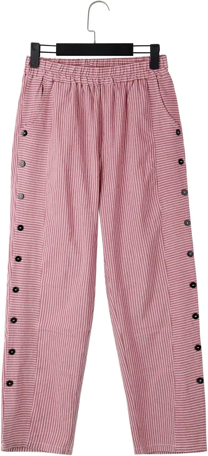 Womens Striped Linen Pants Cropped Side Bottom Trim Elastic Waist Capris Lightweight Summer Beach Trouser with Pocket