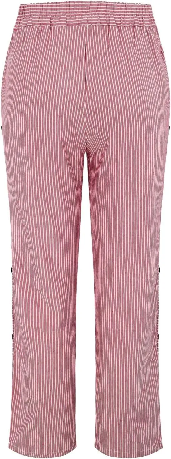 Womens Striped Linen Pants Cropped Side Bottom Trim Elastic Waist Capris Lightweight Summer Beach Trouser with Pocket