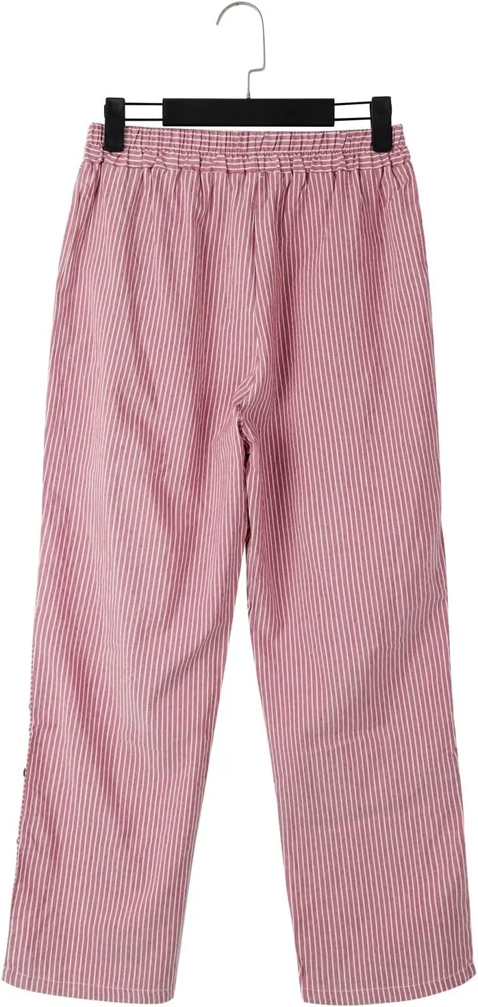 Womens Striped Linen Pants Cropped Side Bottom Trim Elastic Waist Capris Lightweight Summer Beach Trouser with Pocket