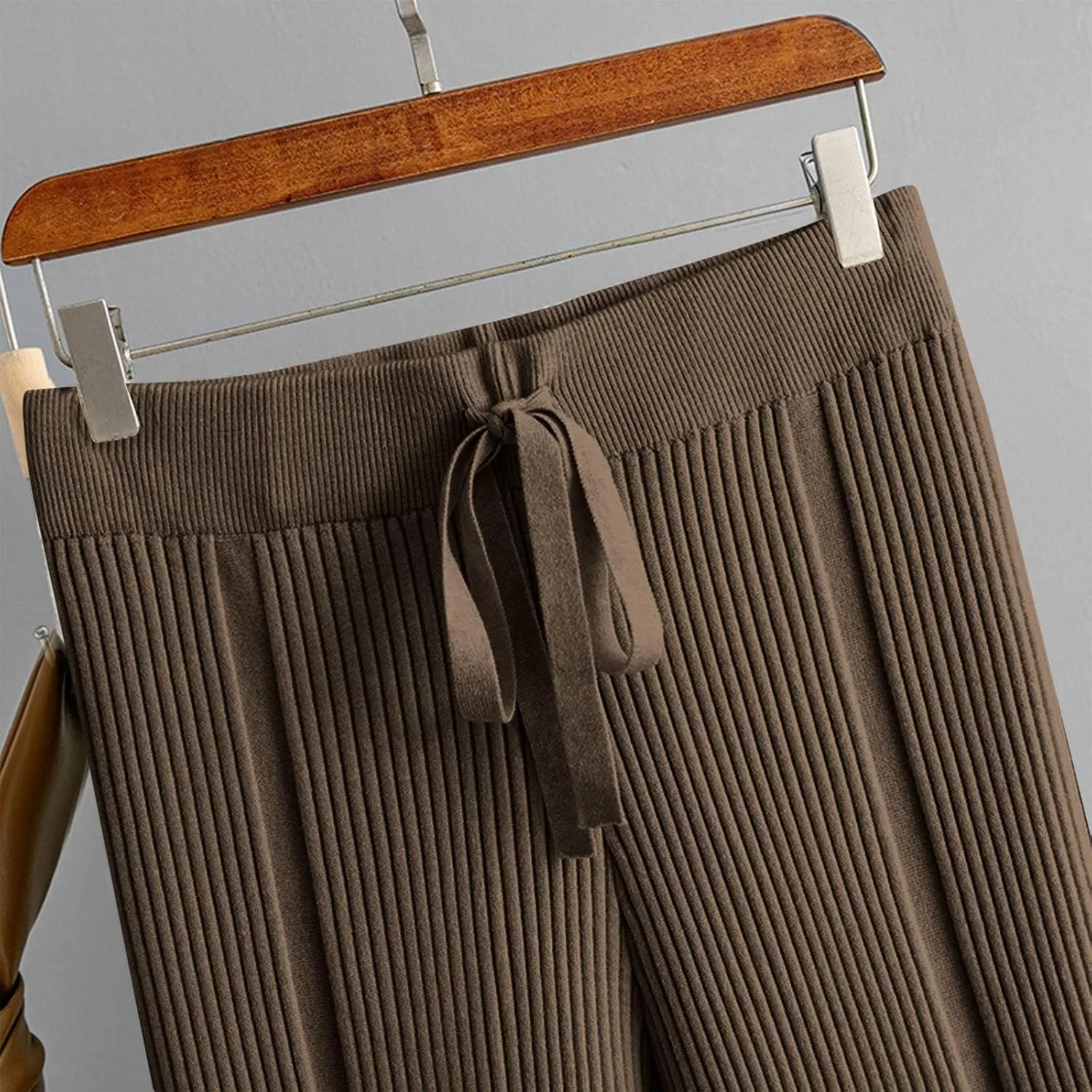 Women's Summer Autumn Trousers Solid Color Wide Leg Pants Ribbed Knitted Casual Pant High Waist Drape Loose Trouser