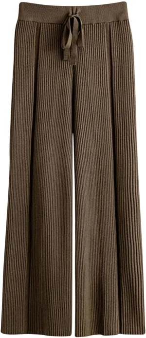 Women's Summer Autumn Trousers Solid Color Wide Leg Pants Ribbed Knitted Casual Pant High Waist Drape Loose Trouser