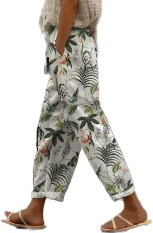 Women's Summer Boho Floral Casual Linen Pants Elastic High Waisted Wide Leg Beach Trousers with Pockets Plus Size