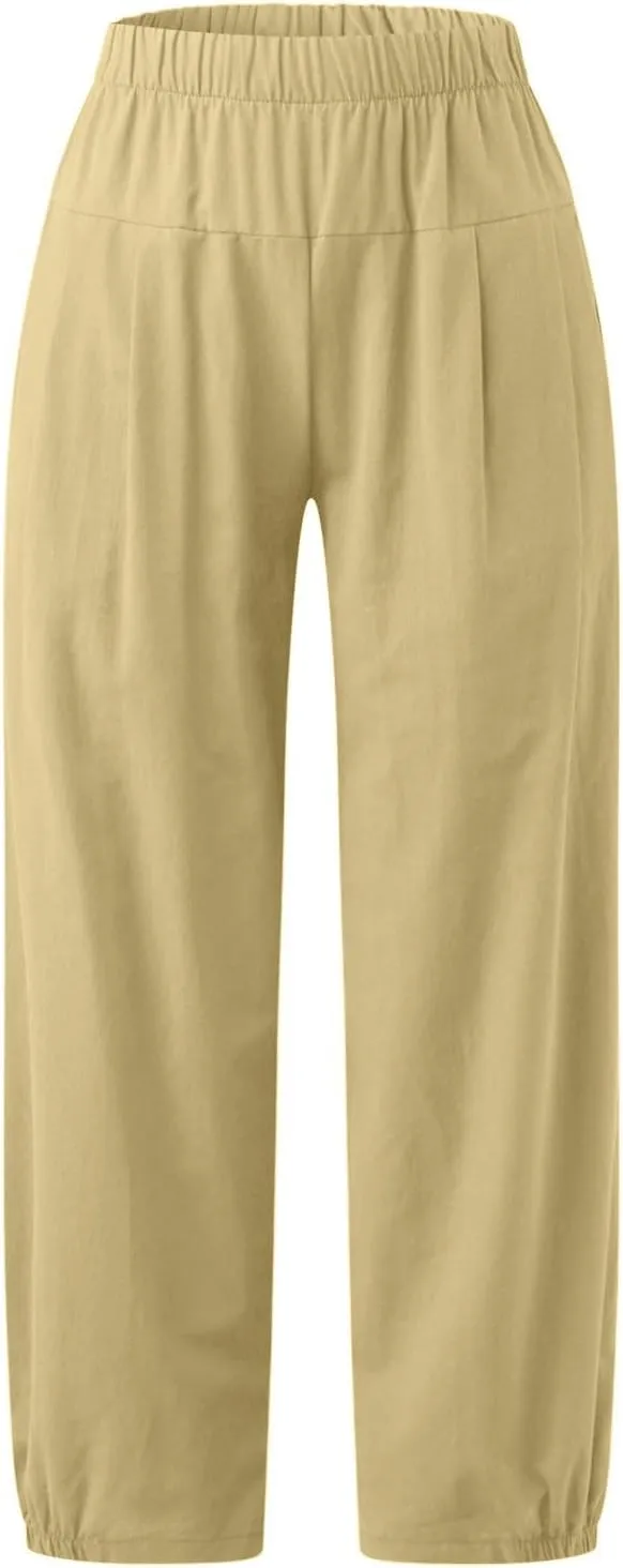 Women's Summer Capri Pants for Women Cropped Comfy Boho Beach Elastic Waisted Yoga Trousers Palazzo Lounge Baggy Pant
