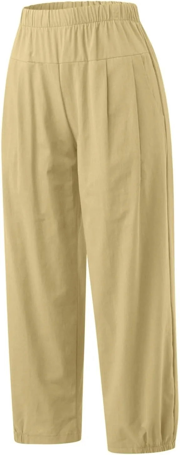 Women's Summer Capri Pants for Women Cropped Comfy Boho Beach Elastic Waisted Yoga Trousers Palazzo Lounge Baggy Pant