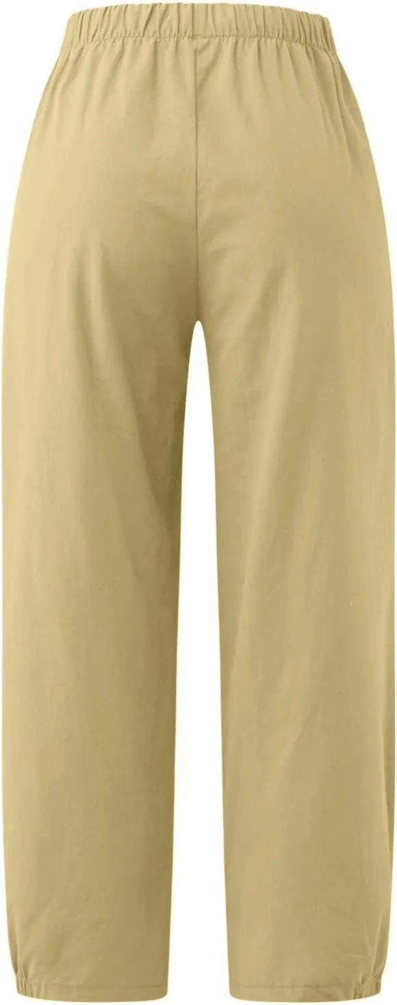 Women's Summer Capri Pants for Women Cropped Comfy Boho Beach Elastic Waisted Yoga Trousers Palazzo Lounge Baggy Pant