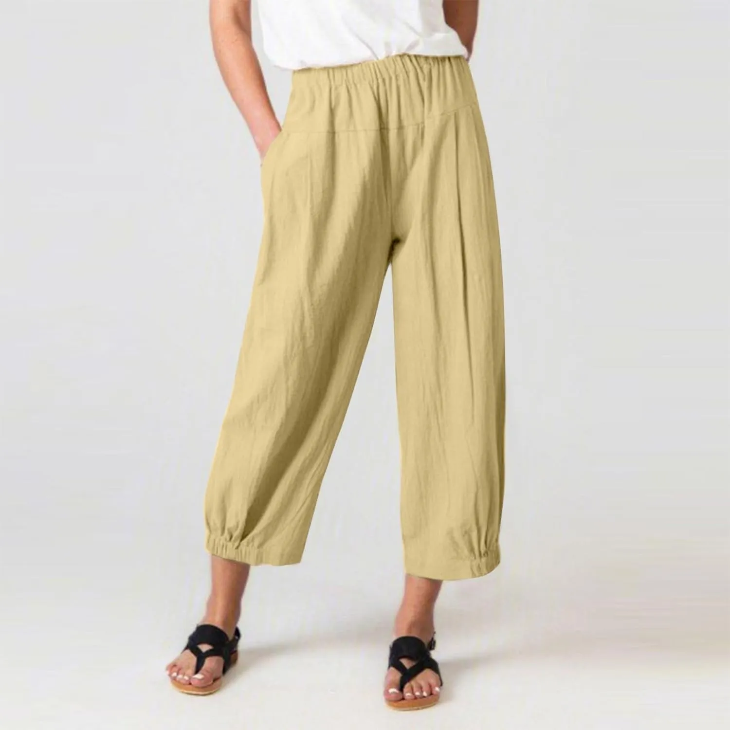 Women's Summer Capri Pants for Women Cropped Comfy Boho Beach Elastic Waisted Yoga Trousers Palazzo Lounge Baggy Pant
