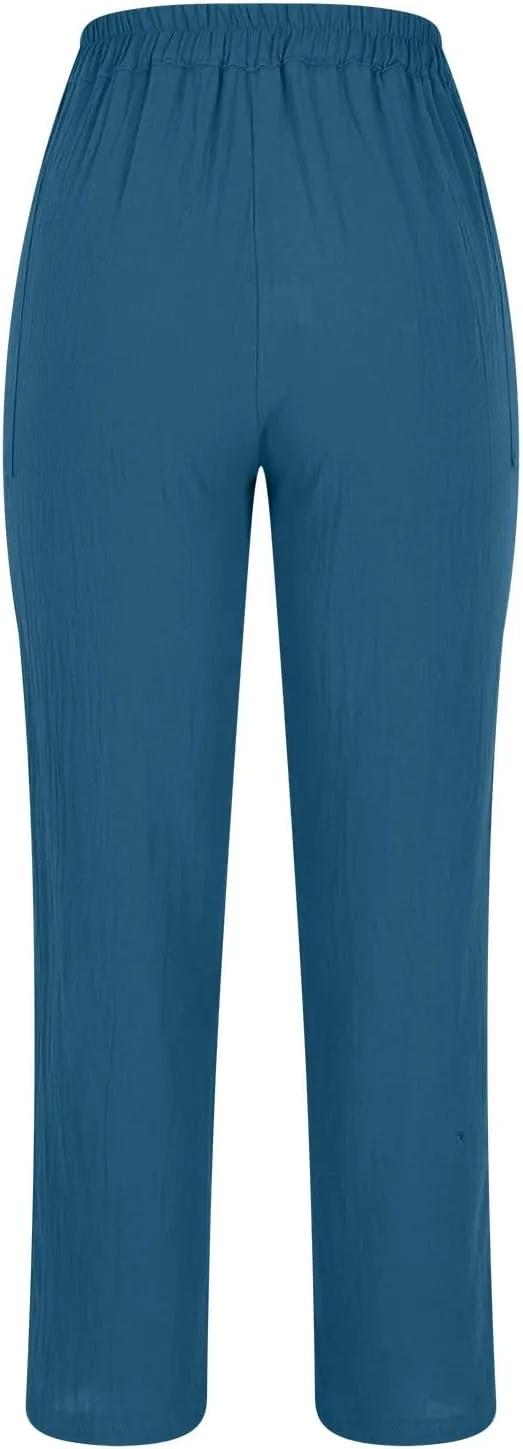 Womens Summer Cotton Linen Pants Wide Leg High Waist Palazzo Pants Lightweight Loose Fit Beach Pants Casual Trousers