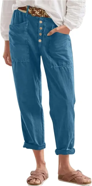 Womens Summer Cotton Linen Pants Wide Leg High Waist Palazzo Pants Lightweight Loose Fit Beach Pants Casual Trousers