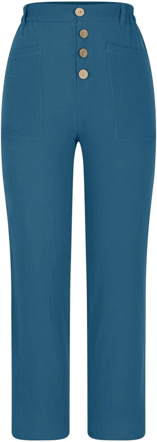 Womens Summer Cotton Linen Pants Wide Leg High Waist Palazzo Pants Lightweight Loose Fit Beach Pants Casual Trousers