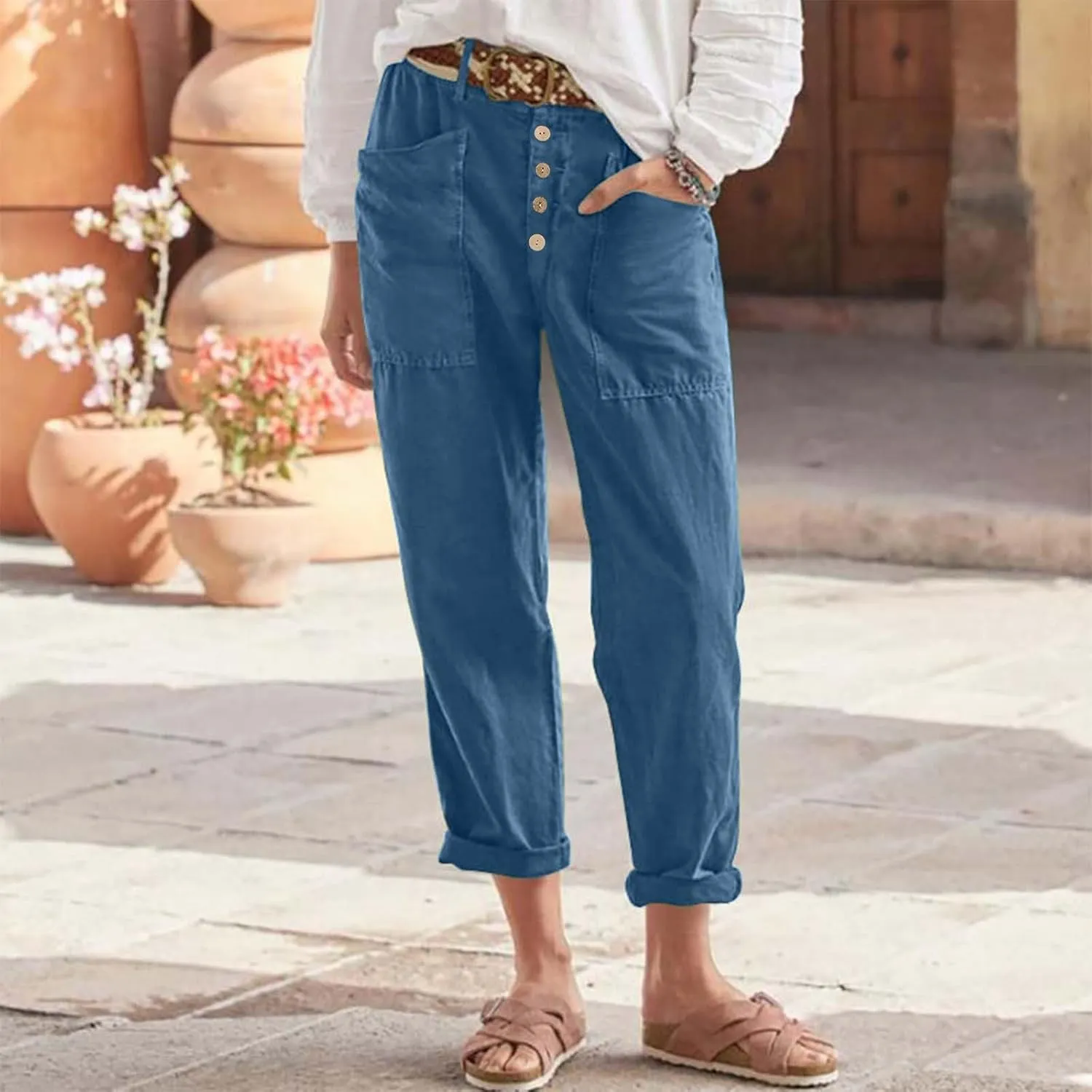 Womens Summer Cotton Linen Pants Wide Leg High Waist Palazzo Pants Lightweight Loose Fit Beach Pants Casual Trousers