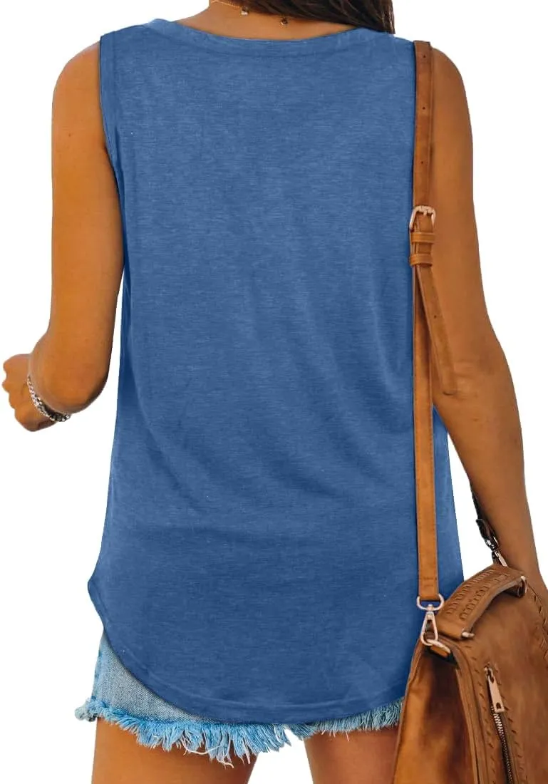 Womens Summer Deep V Neck Sleeveless Tank Top Curved Hem Casual Loose Fit Flowy Tank