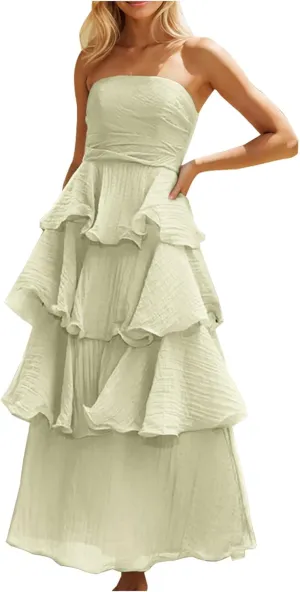 Women's Summer Dress Strapless Maxi Dress 2025 Casual Tube Tops Sleeveless Off Shoulder Tiered Beach Boho Sundress
