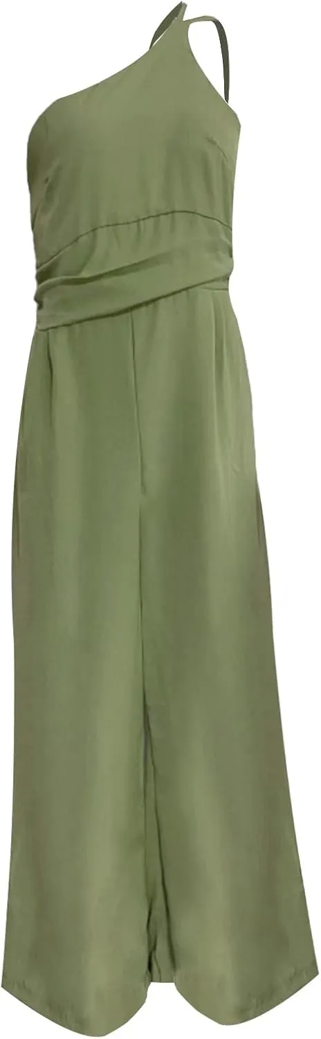 Women's Summer Straps One Shoulder High Waist Dressy Casual Wide Leg Trousers Linen Jumpsuit Beach Travel Outfits