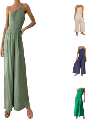 Women's Summer Straps One Shoulder High Waist Dressy Casual Wide Leg Trousers Linen Jumpsuit Beach Travel Outfits