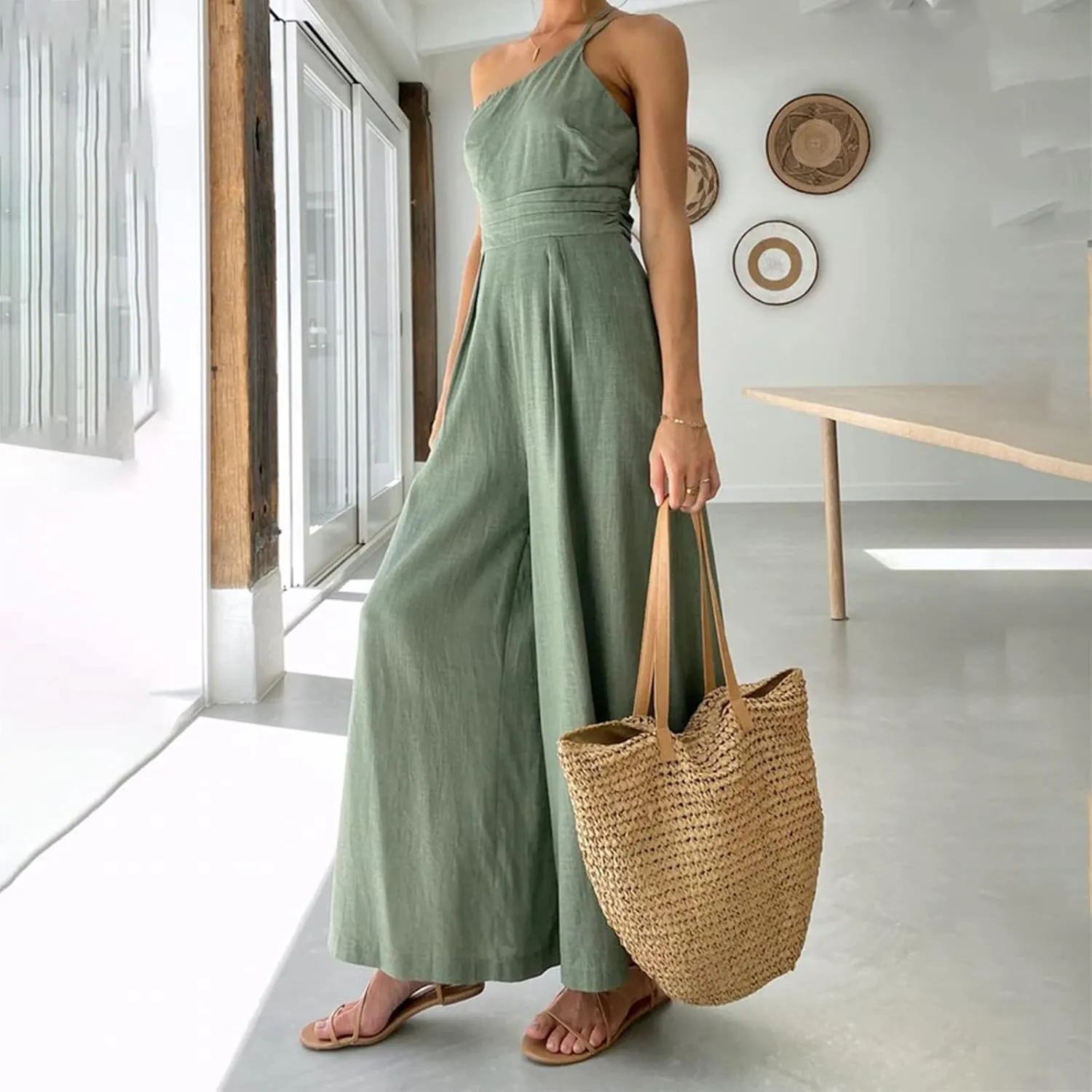 Women's Summer Straps One Shoulder High Waist Dressy Casual Wide Leg Trousers Linen Jumpsuit Beach Travel Outfits