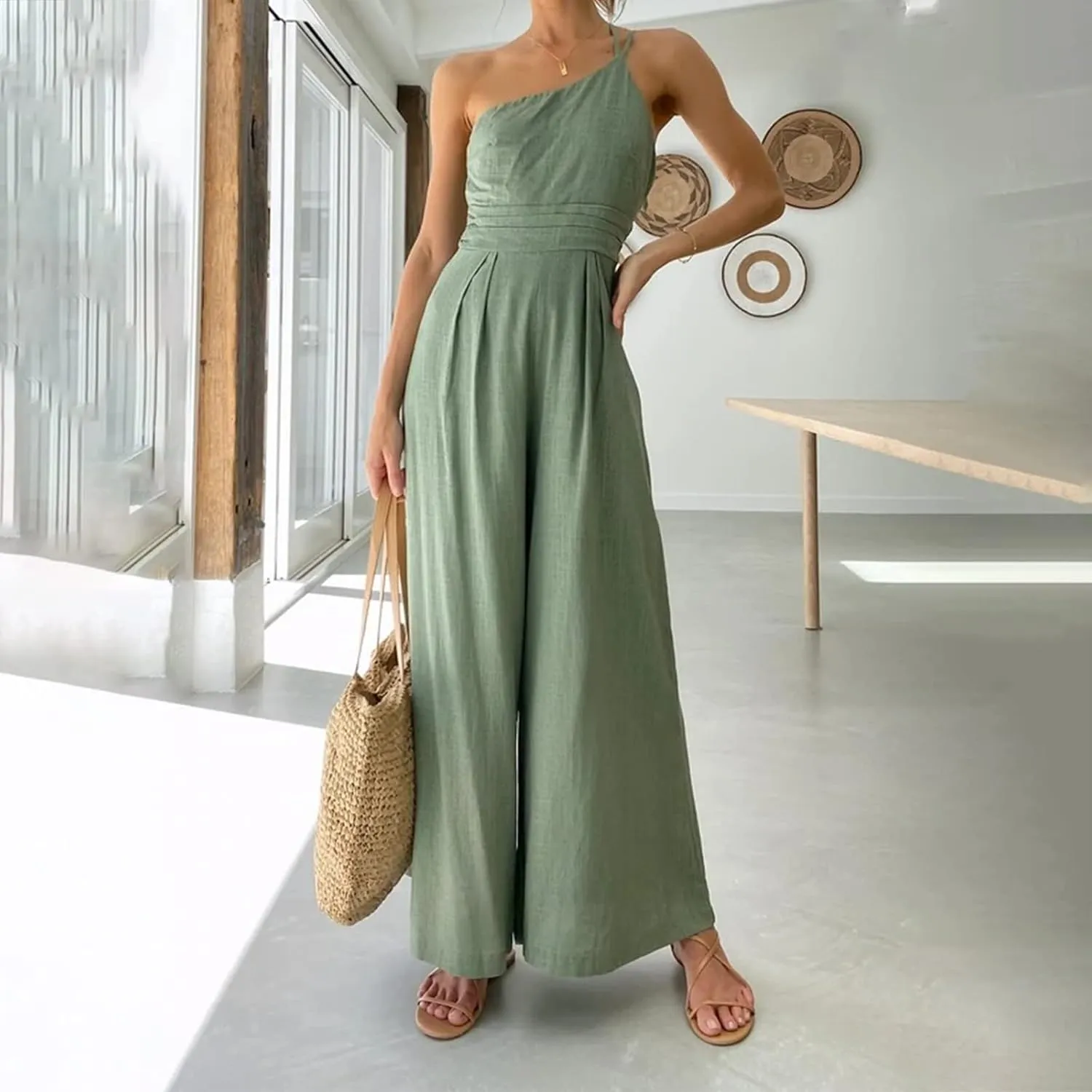 Women's Summer Straps One Shoulder High Waist Dressy Casual Wide Leg Trousers Linen Jumpsuit Beach Travel Outfits