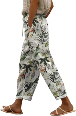 Women's Trendy Linen Pants Loose Drawstring Elastic Waist Wide Leg Pants Summer Beach Printed Lounge Trousers Pockets