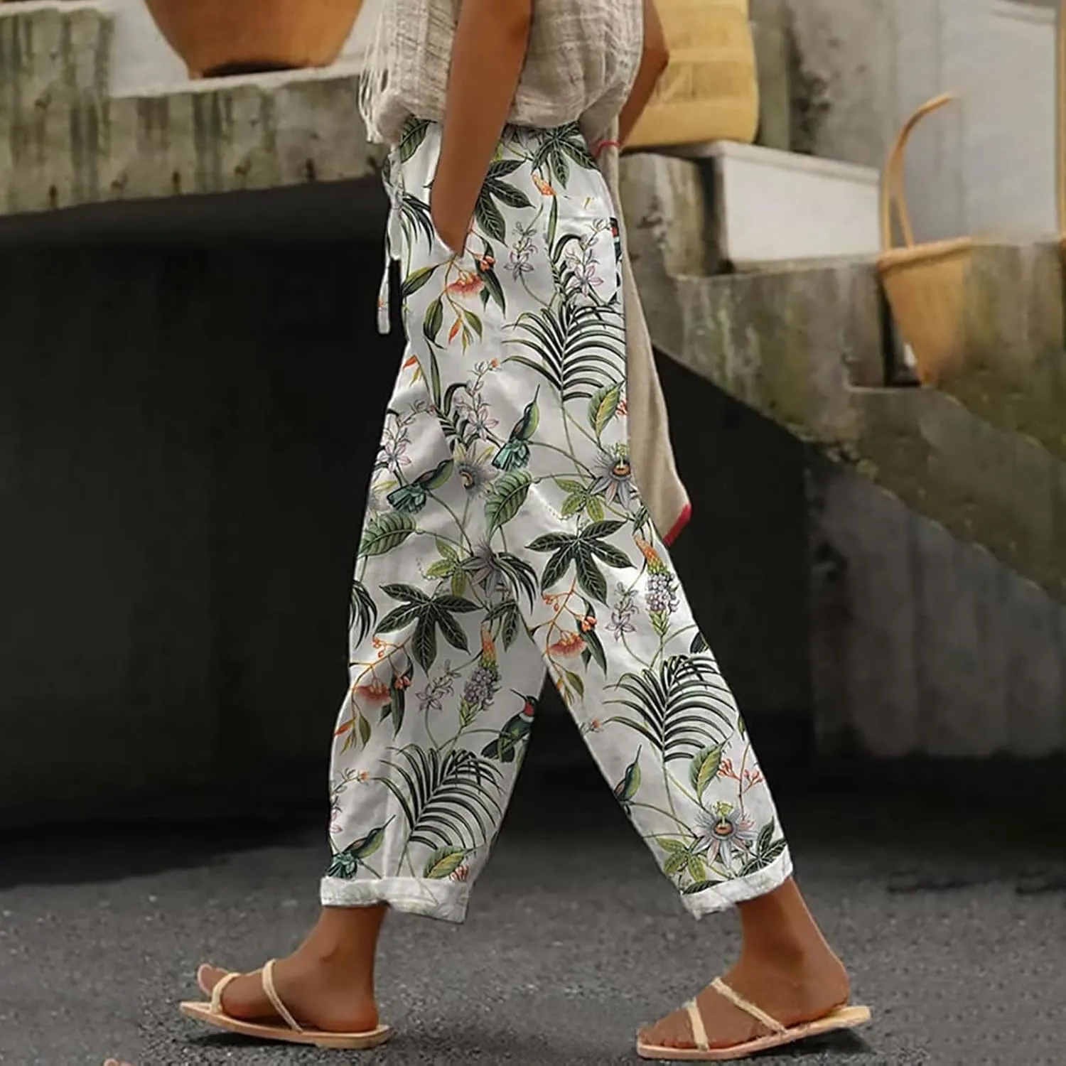 Women's Trendy Linen Pants Loose Drawstring Elastic Waist Wide Leg Pants Summer Beach Printed Lounge Trousers Pockets
