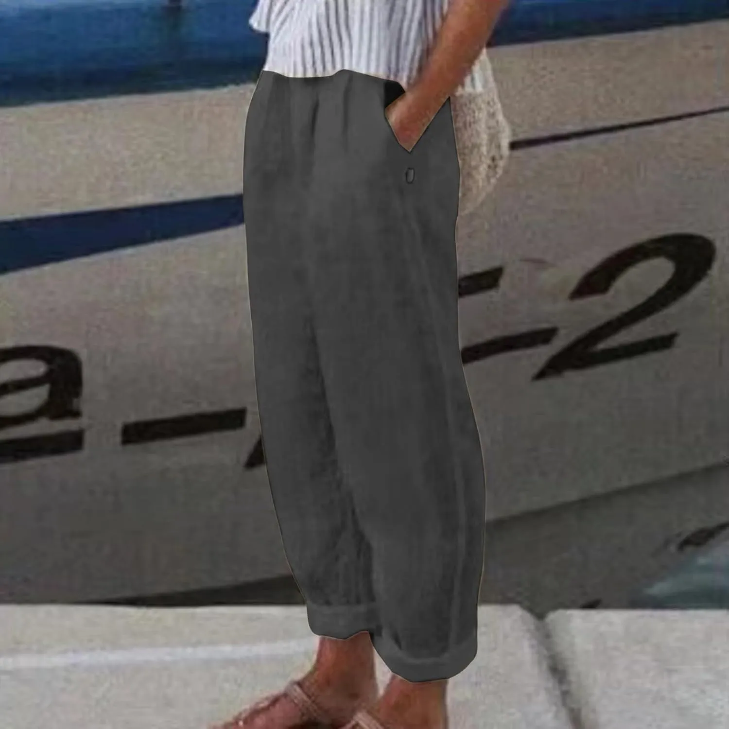 Womens Wide Leg Linen Pants Summer Beach Lounge Trousers Casual Fashion Solid Color Vacation Clothes for Women