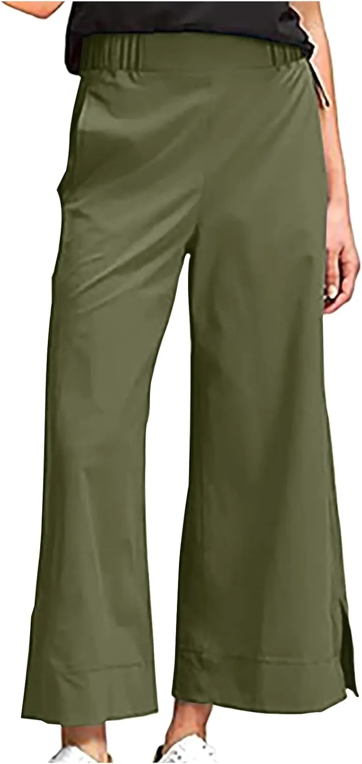 Women's Wide Leg Pants with Pockets High Waist Casual Linen Pants Plus Size Summer Comfy Pull on Straight Leg Trousers