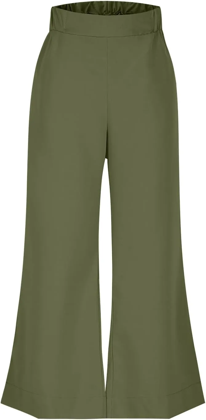 Women's Wide Leg Pants with Pockets High Waist Casual Linen Pants Plus Size Summer Comfy Pull on Straight Leg Trousers