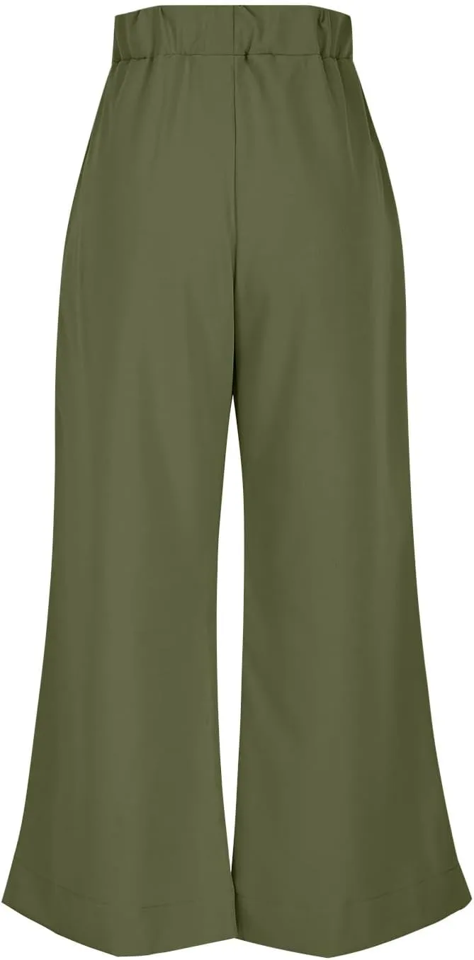 Women's Wide Leg Pants with Pockets High Waist Casual Linen Pants Plus Size Summer Comfy Pull on Straight Leg Trousers