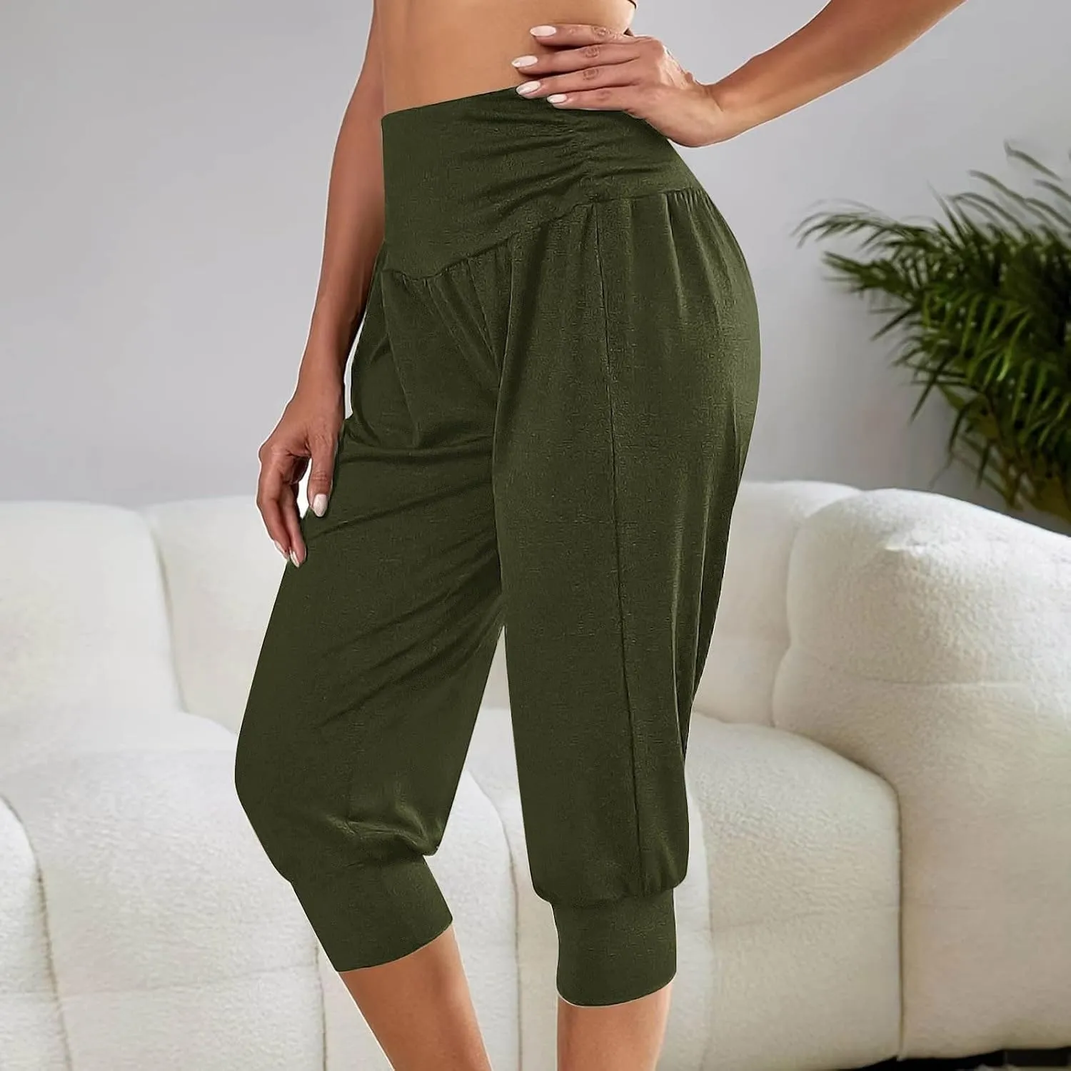 Womens Yoga Capri Pants Solid Color High Waistband Pleated Comfy Fitness Cropped Trousers Summer Outdoor Workout Pants