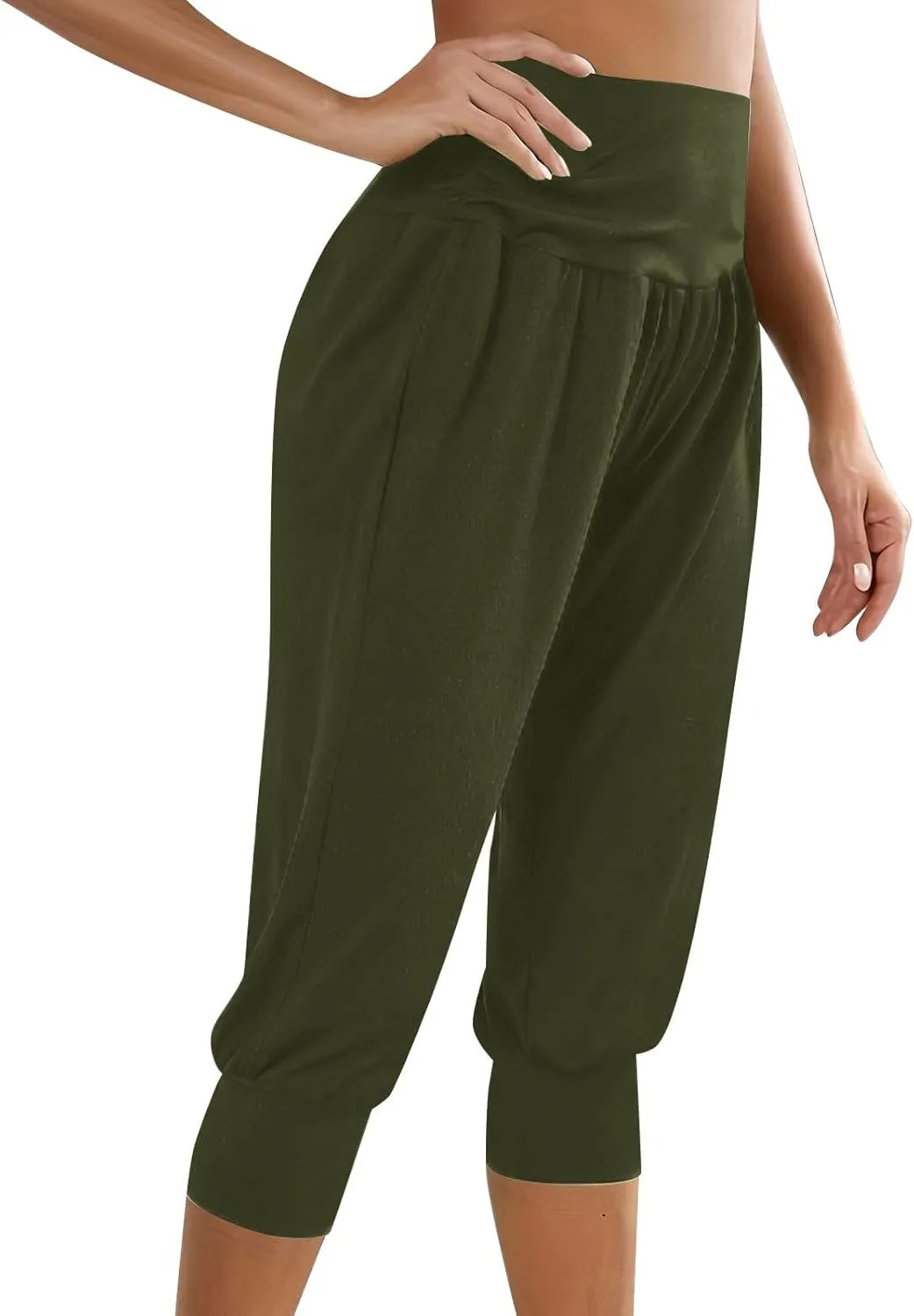 Womens Yoga Capri Pants Solid Color High Waistband Pleated Comfy Fitness Cropped Trousers Summer Outdoor Workout Pants