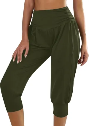 Womens Yoga Capri Pants Solid Color High Waistband Pleated Comfy Fitness Cropped Trousers Summer Outdoor Workout Pants